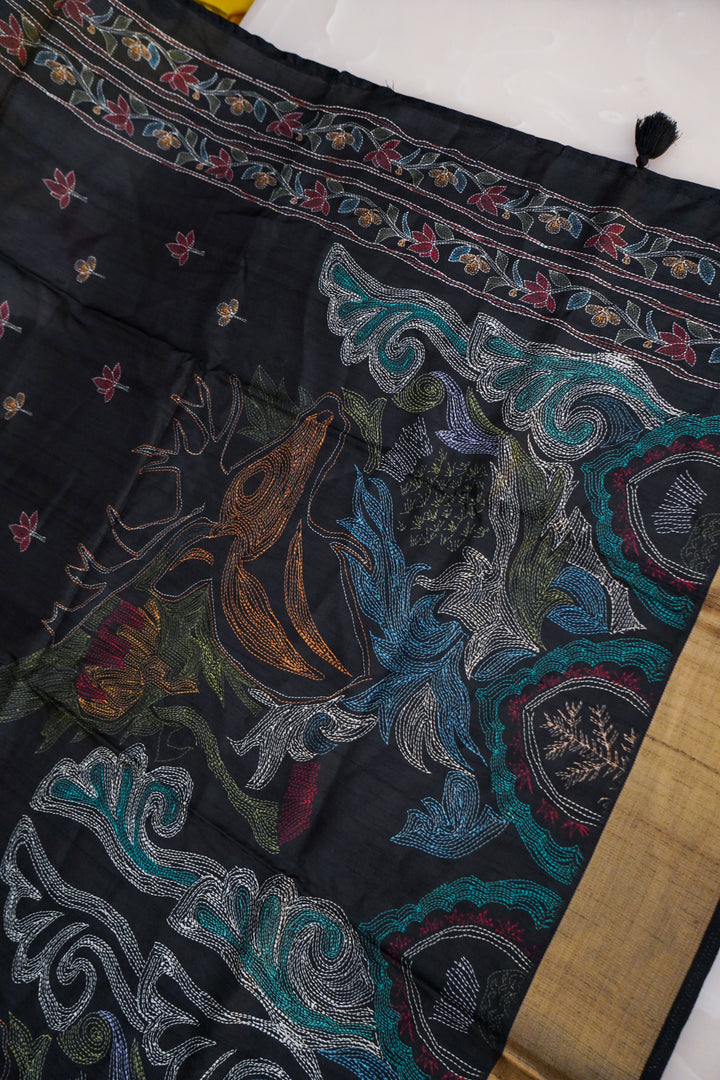 Black Tussar Silk Saree with Ajrak Animal Motif &amp; Meenakari Bootidar Weaving