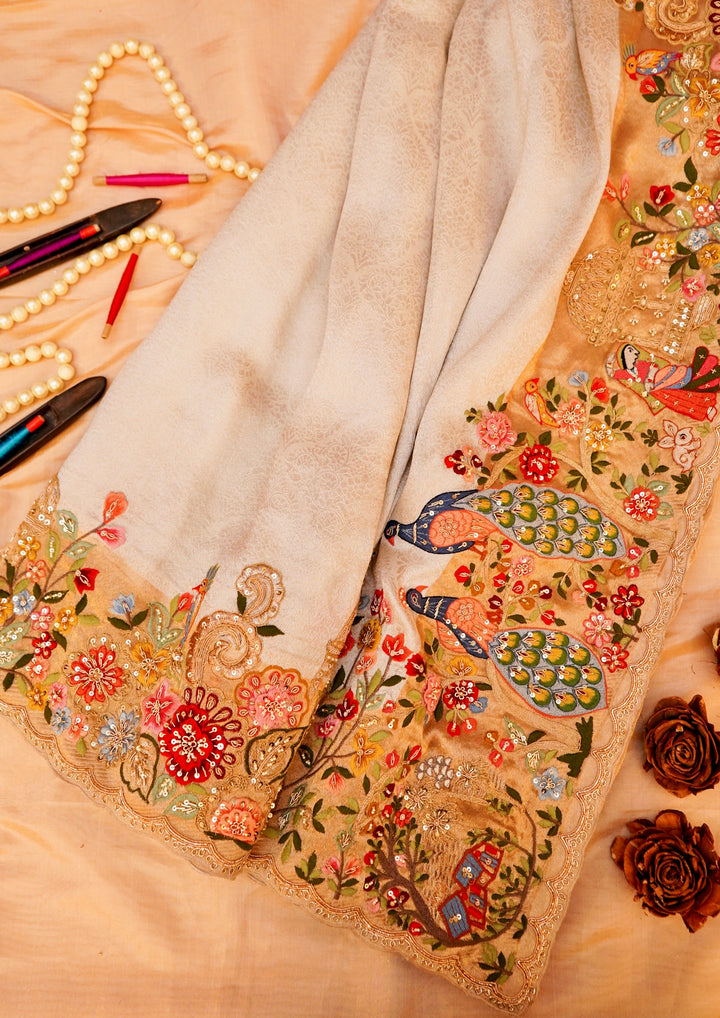 Banarasi Silver Soft Silk Brocade Saree with Meenakari Zardozi Embroidery