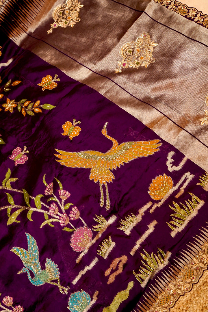Plum Purple Pure Organza Silk Weaving Saree with Hand Zardozi Embroidery View 2
