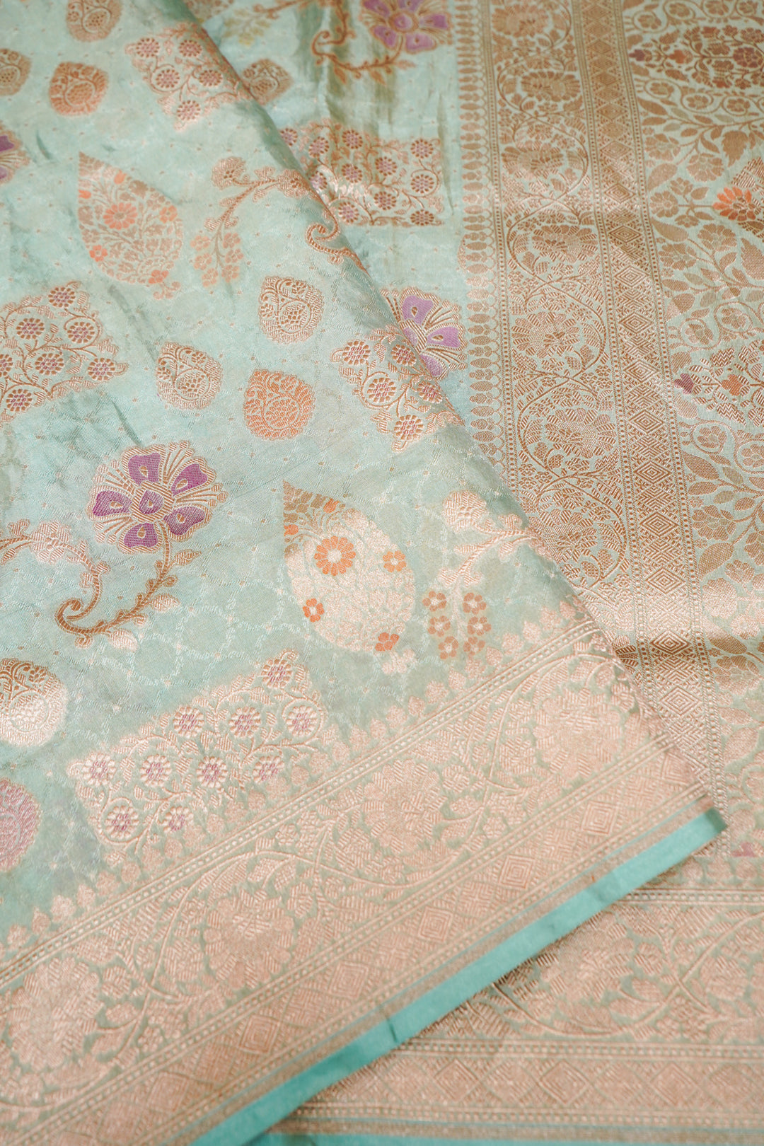 Handwoven Sea Green Pure Tissue Katan Silk Meenakari Jangla Saree