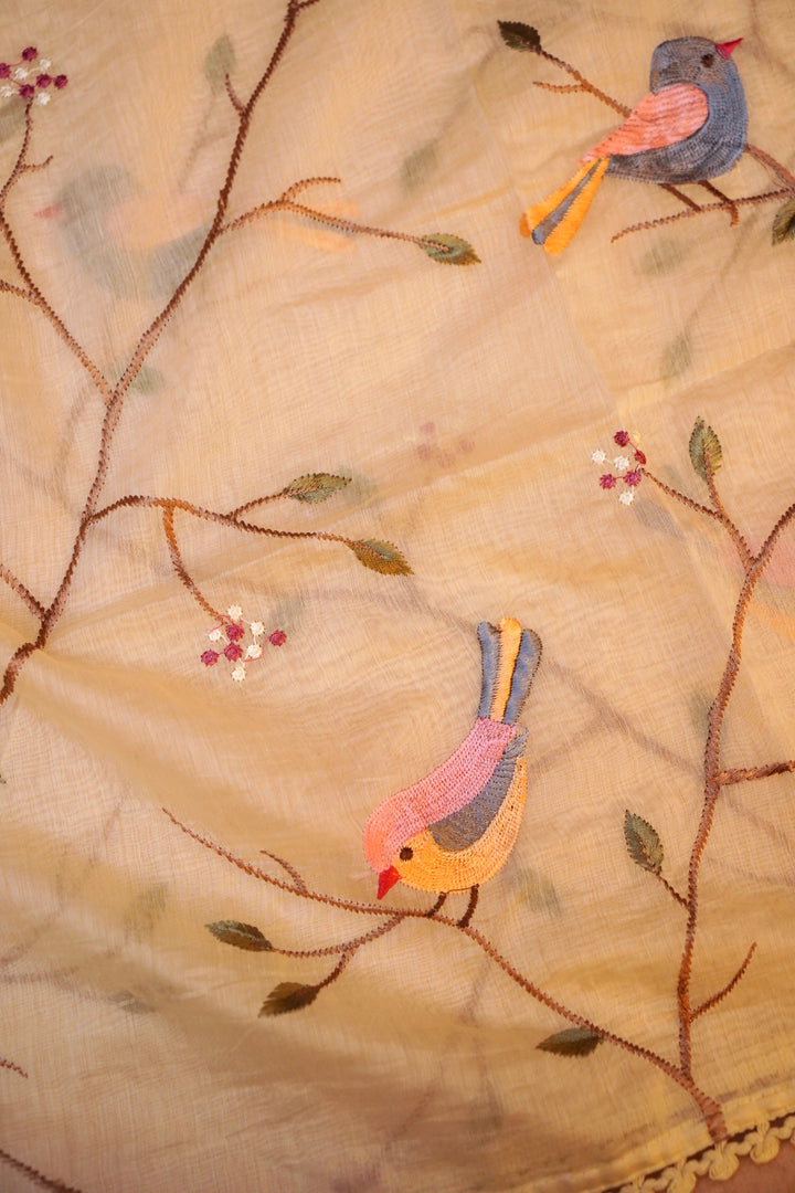 Pastel Yellow Chanderi Suit Set with Thread Embroidery Work