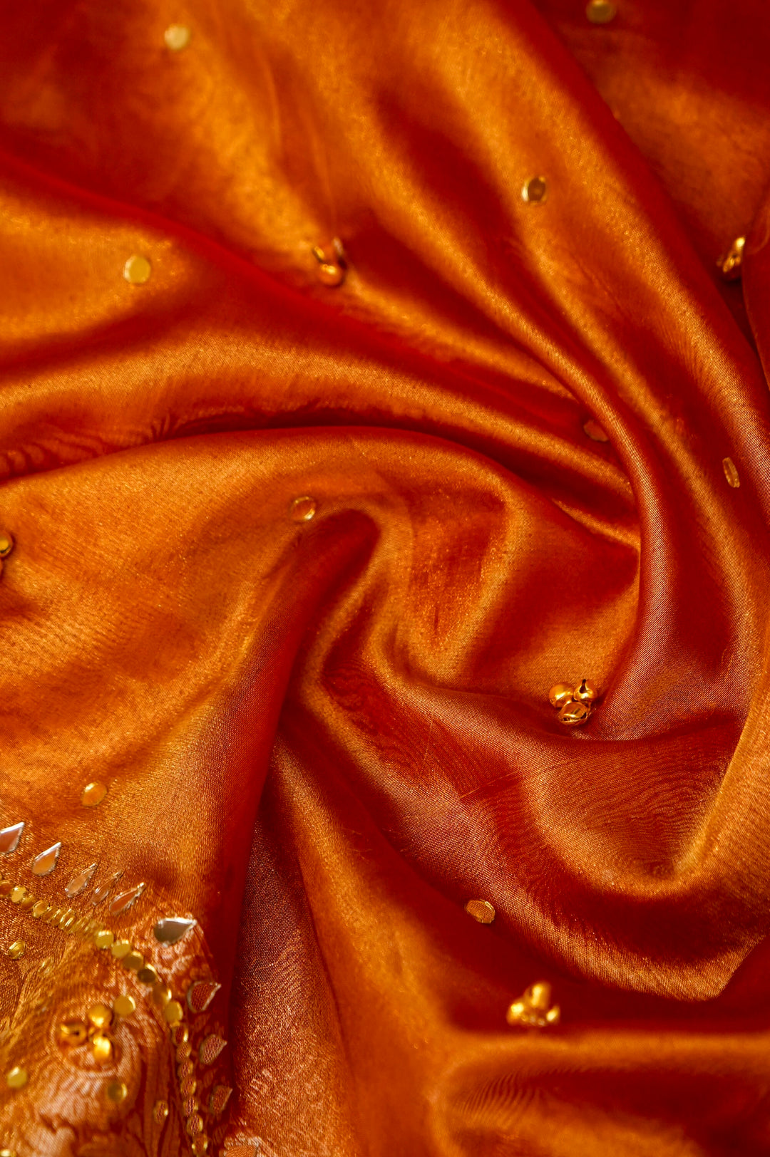 Pumpkin Orange Viral Ghungru Tissue Silk Saree with Mirror Work View 6