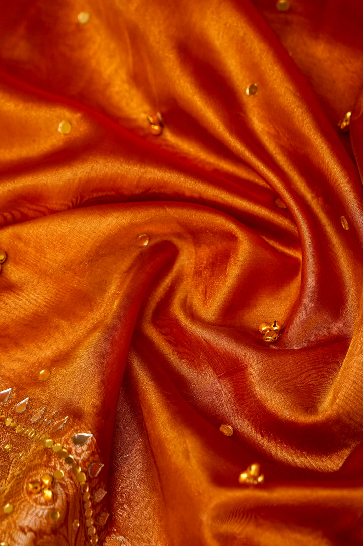 Pumpkin Orange Viral Ghungru Tissue Silk Saree with Mirror Work View 6