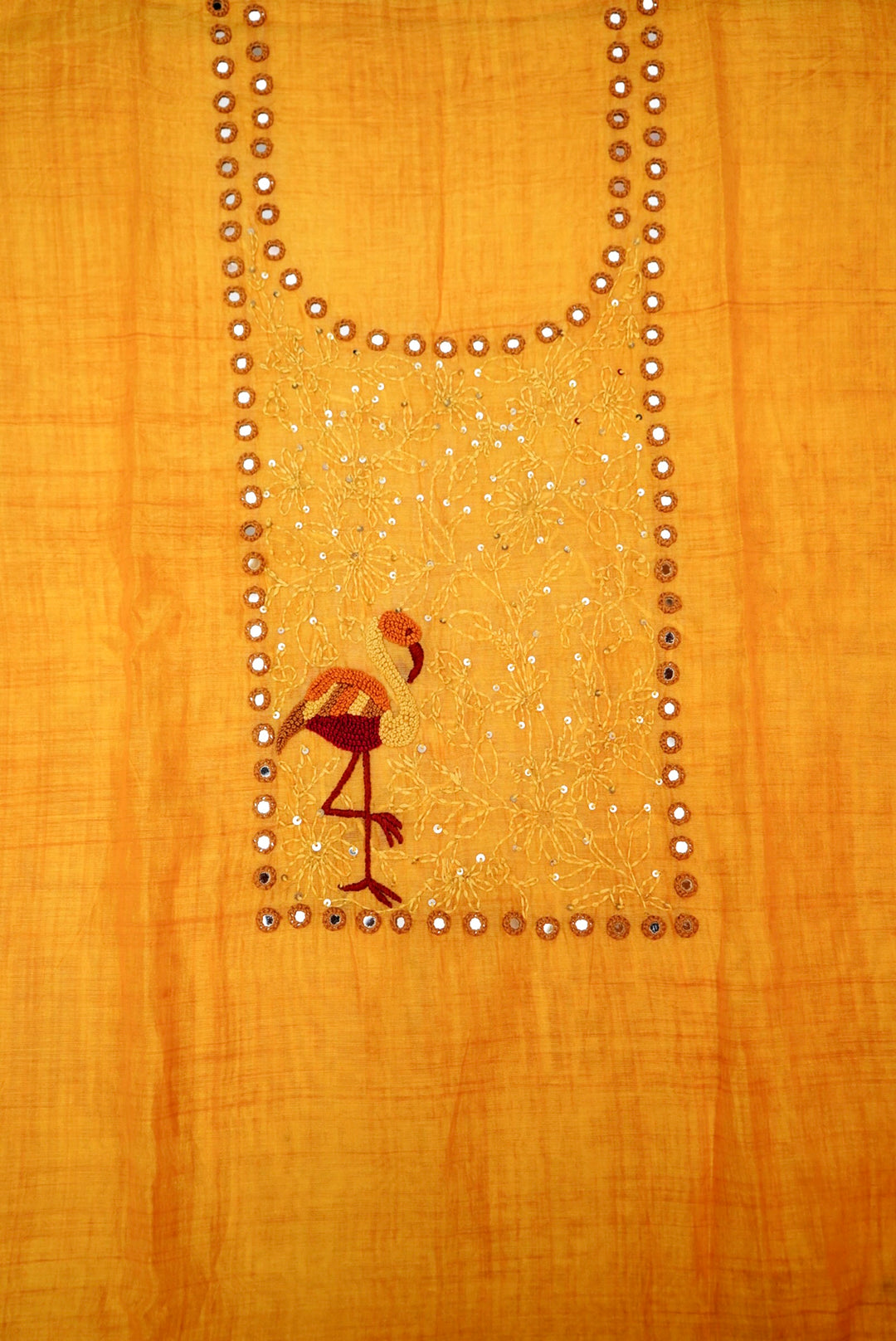 Yellow Pure Chanderi Silk Suit with Kantha & French Knot Embroidery