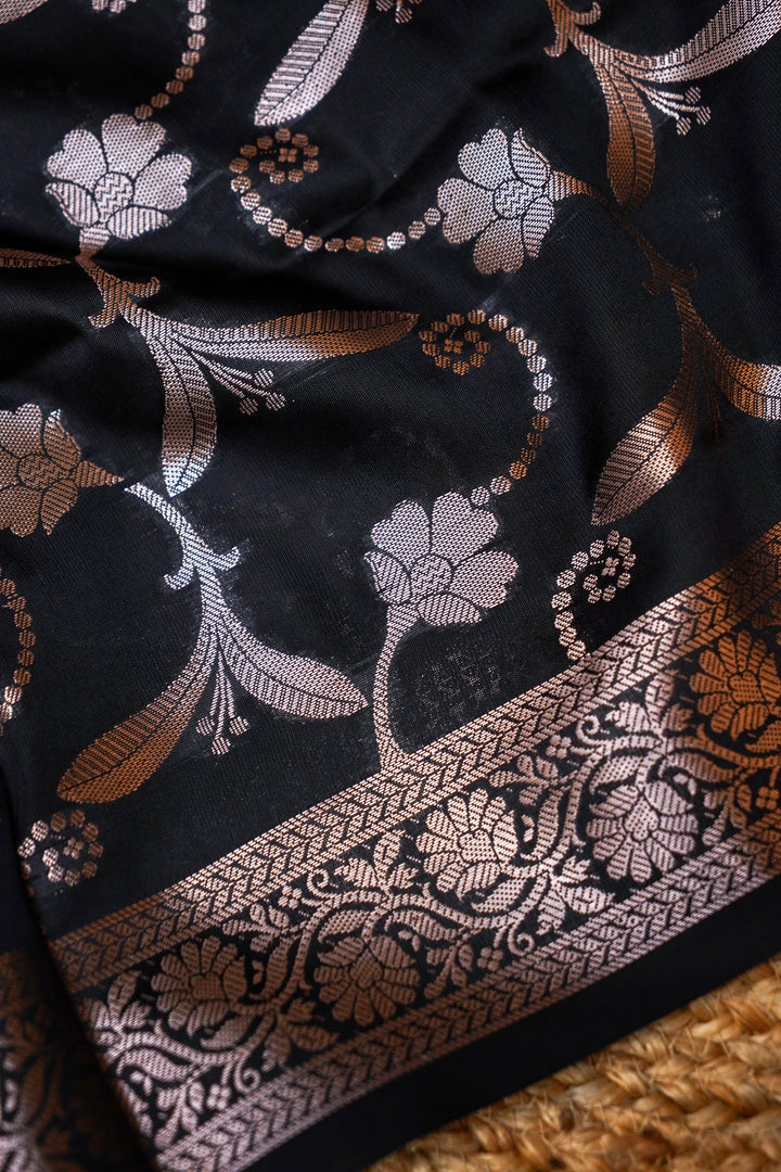 Black Banarasi Ghat Design Modal Silk Unstitched Suit Set View 5