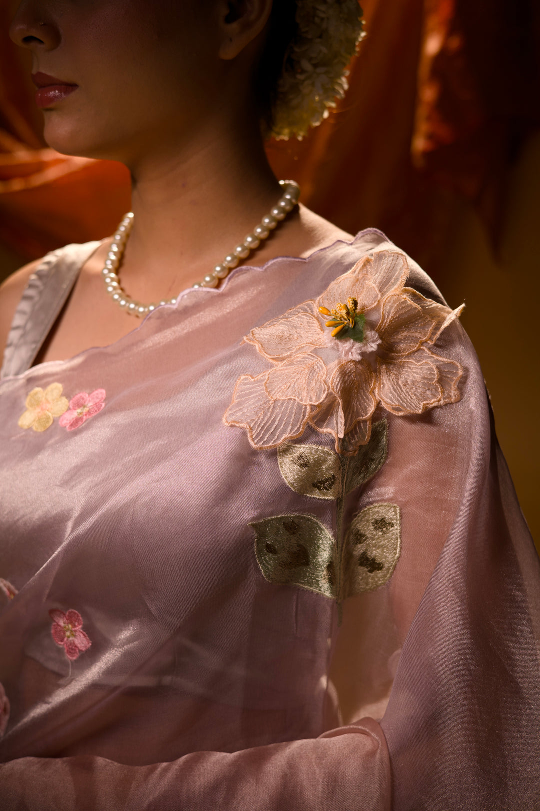 Rose Gold Pure Handloom Tissue Saree with Scallop Border Placement Appliqué Embroidery View 4