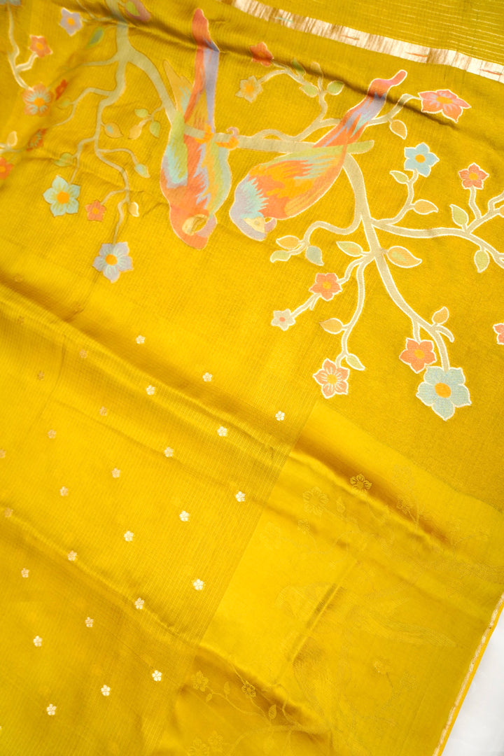 Mustard Banarasi Kota Saree for Haldi Wear with Silk Border &amp; Paithani Weaving