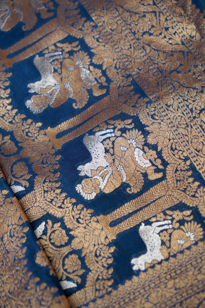 Elegant Teal Blue Banarasi Chinon Georgette Saree with Antique Zari Figure Motifs