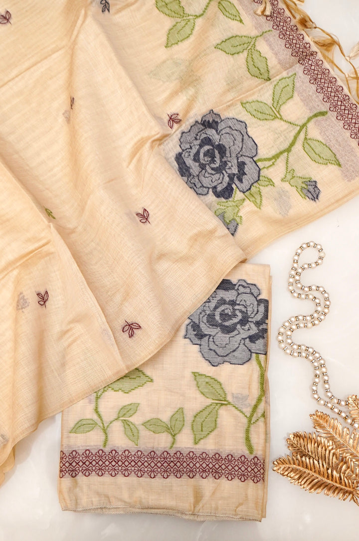 Elegant Beige Meenakari Floral Cotton Silk Suit Set