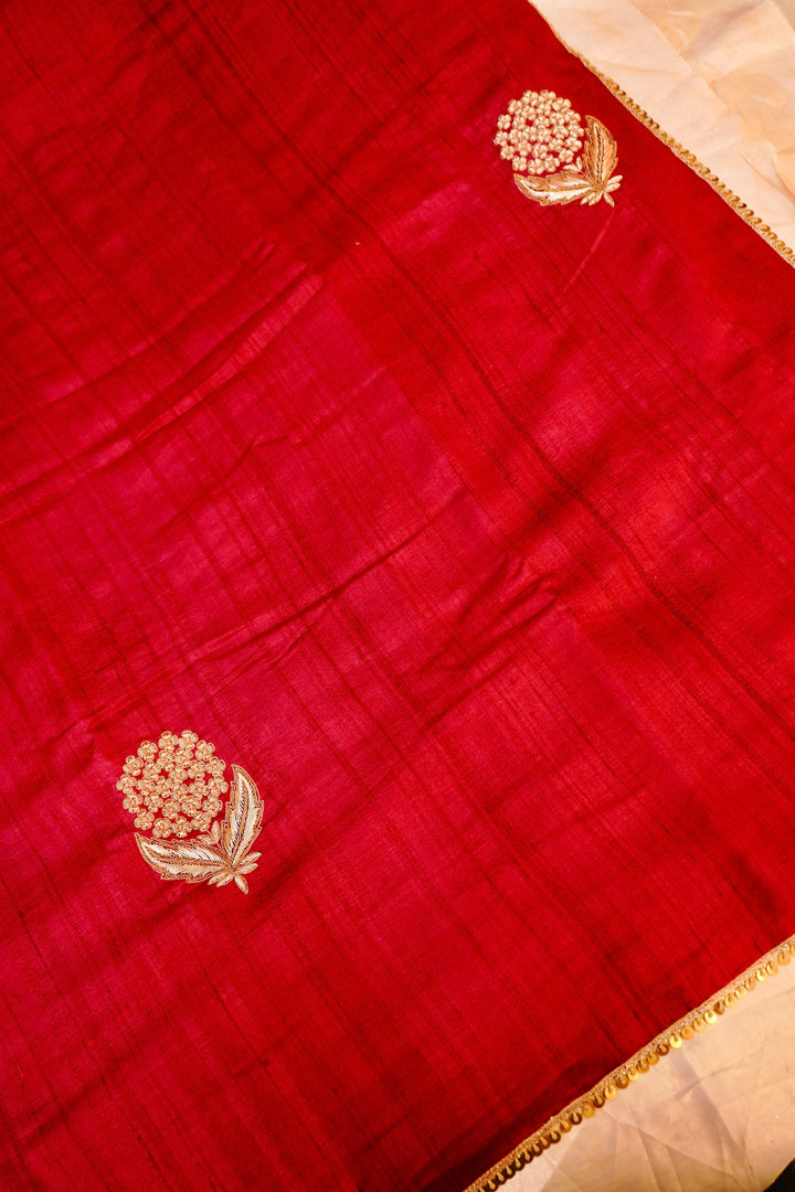 Regal Dark Magenta Handloom Tussar Silk Hand Zardozi Embroidery Saree