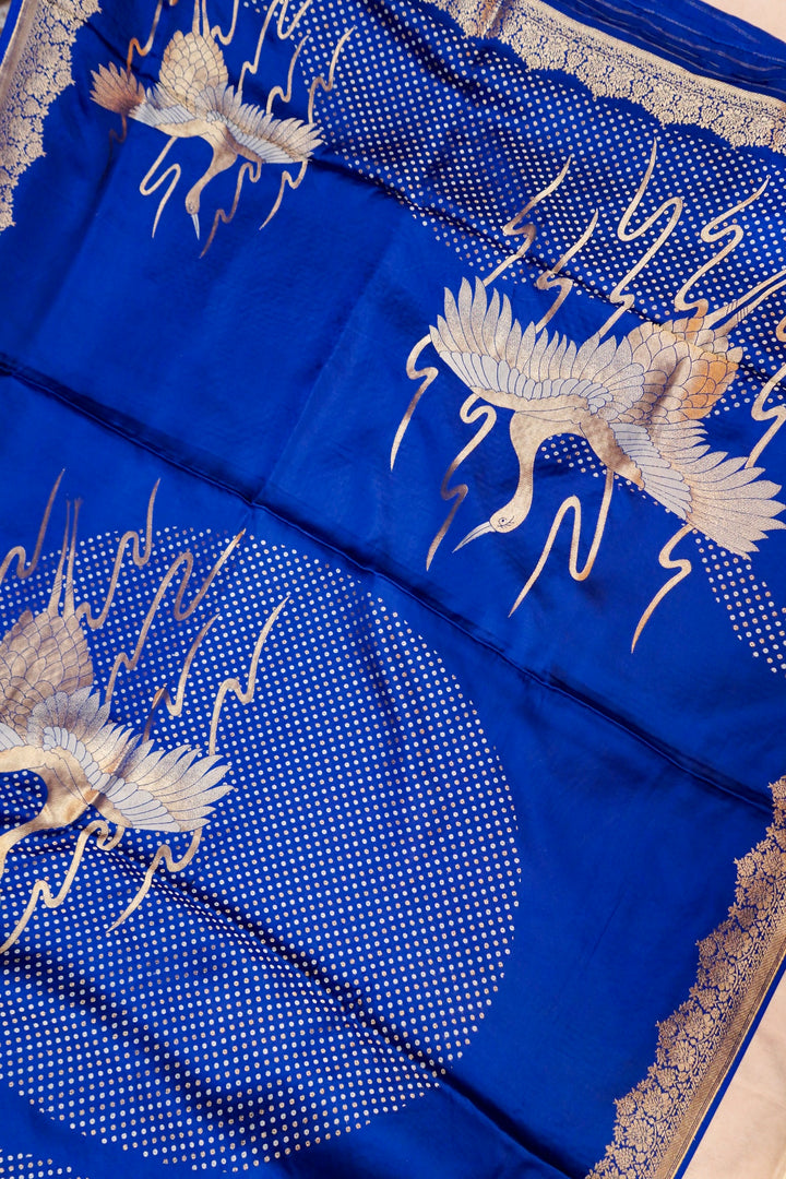 Blue Banarasi Satin Crepe Bandhej Weaving Saree with Birds Motif
