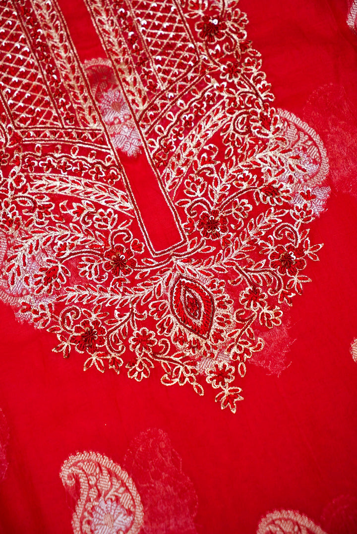 Red Pure Mul Silk Suit with Embroidered Kurta and Pitta Zari Dupatta