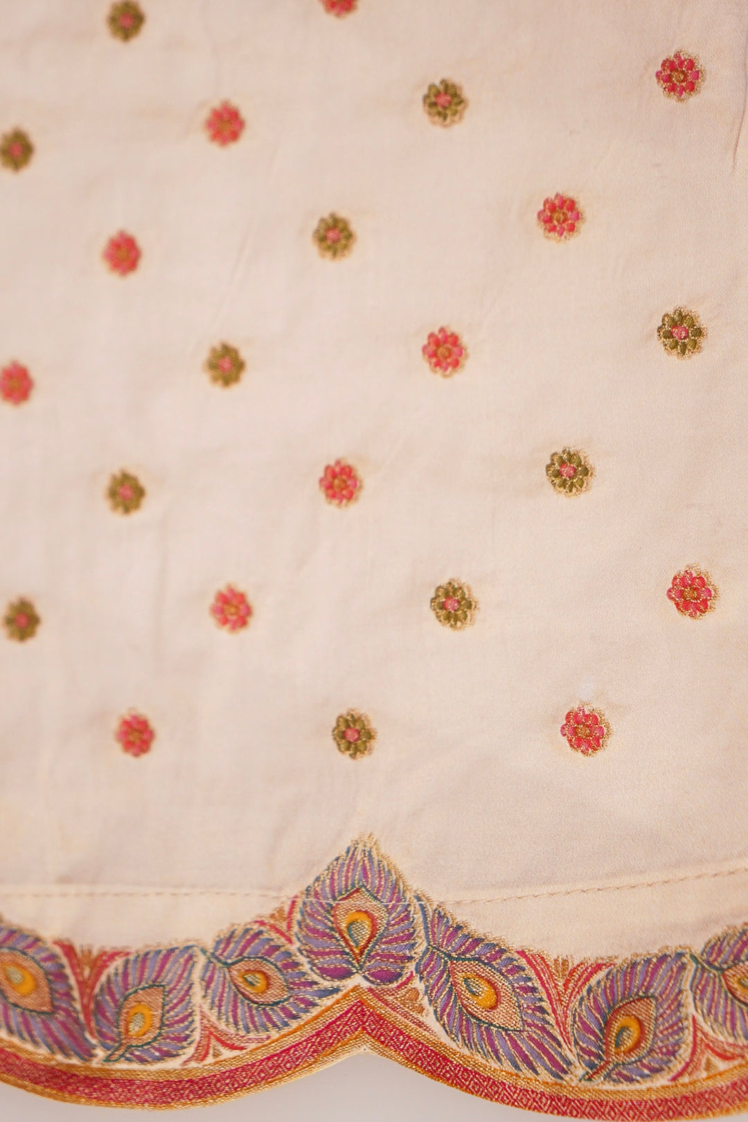 Cream Crepe Silk Saree with Meenakari Floral Body &amp; Peacock Motif Pallu