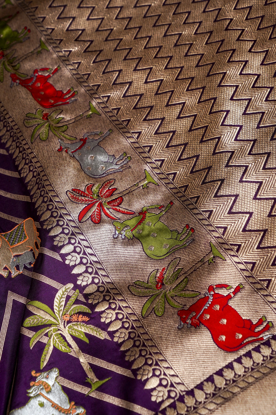 Dark Purple Pure Banarasi Handloom Katan Silk Kimkhwab Meenakari Saree with Pichwai Inspired Patterns