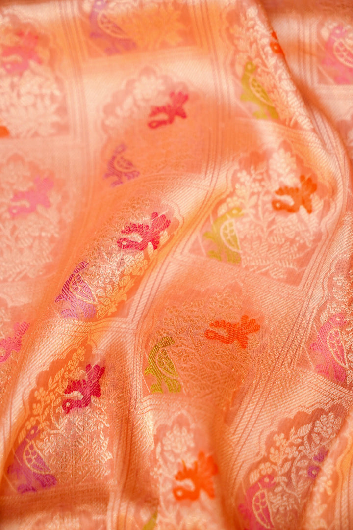 Peach Pure Handloom Banarasi Katan Silk Meenakari Saree