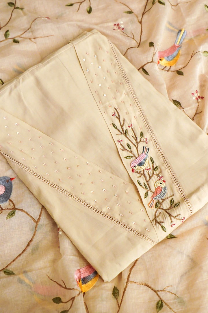 Beige Chanderi Silk Suit Set with Thread Embroidery Work