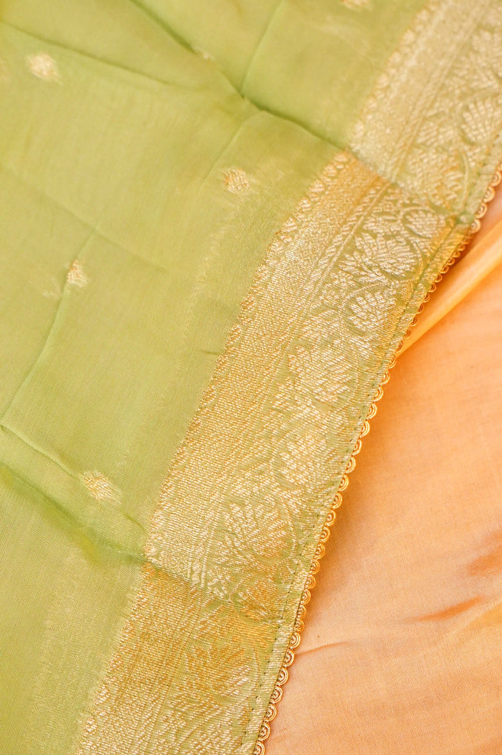 Pista Green Banarasi Brocade Soft Silk Unstitched Suit Set with Hand Zardozi Embroidery Bird Motif