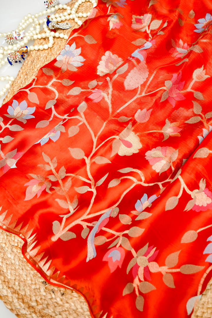 Bridal Wear Orange Pure Banarasi Kota Silk Saree with Silk Weaving Border
