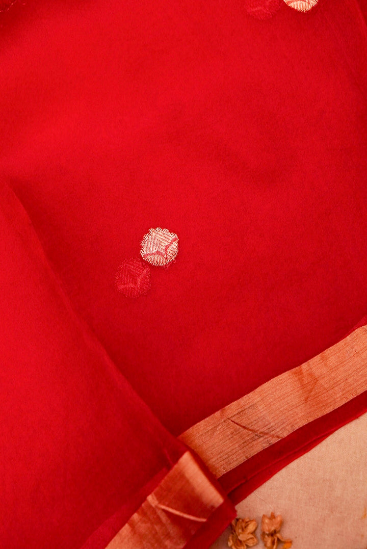 Red Bridal Handloom Raw Silk Suit with Pitta Zari Neckline and Organza Dupatta
