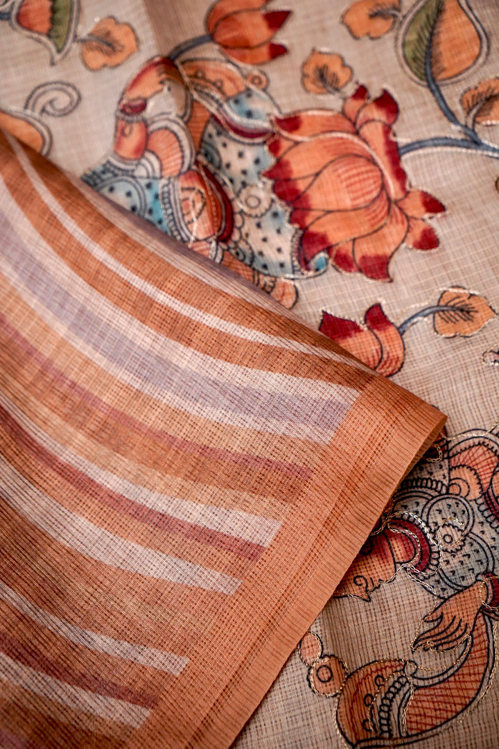 Rang Leheriya Kota Check Saree with Aari Tari Embroidery Pichwai Kalamkari Pallu View 3