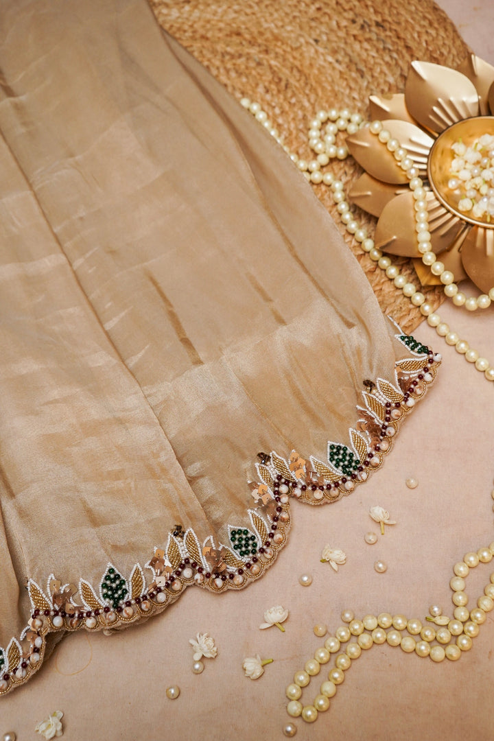 Golden Glamour Pure Crepe Tissue Saree with Statement Blouse View 1