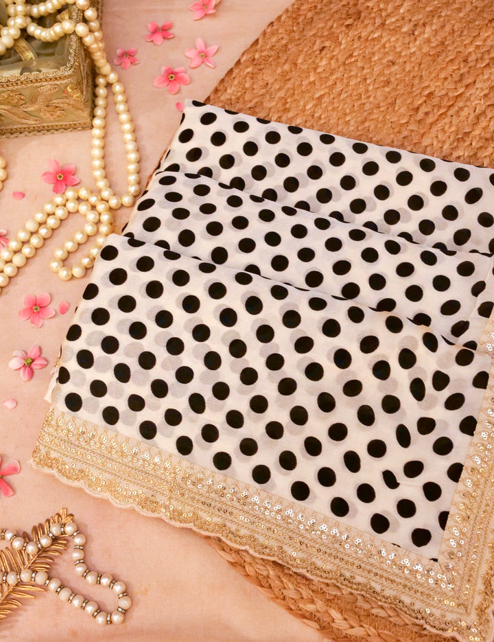 Sabyasachi Inspired Black White Pure Crepe Printed Saree with Pitta Zari Embroidery Border View 1