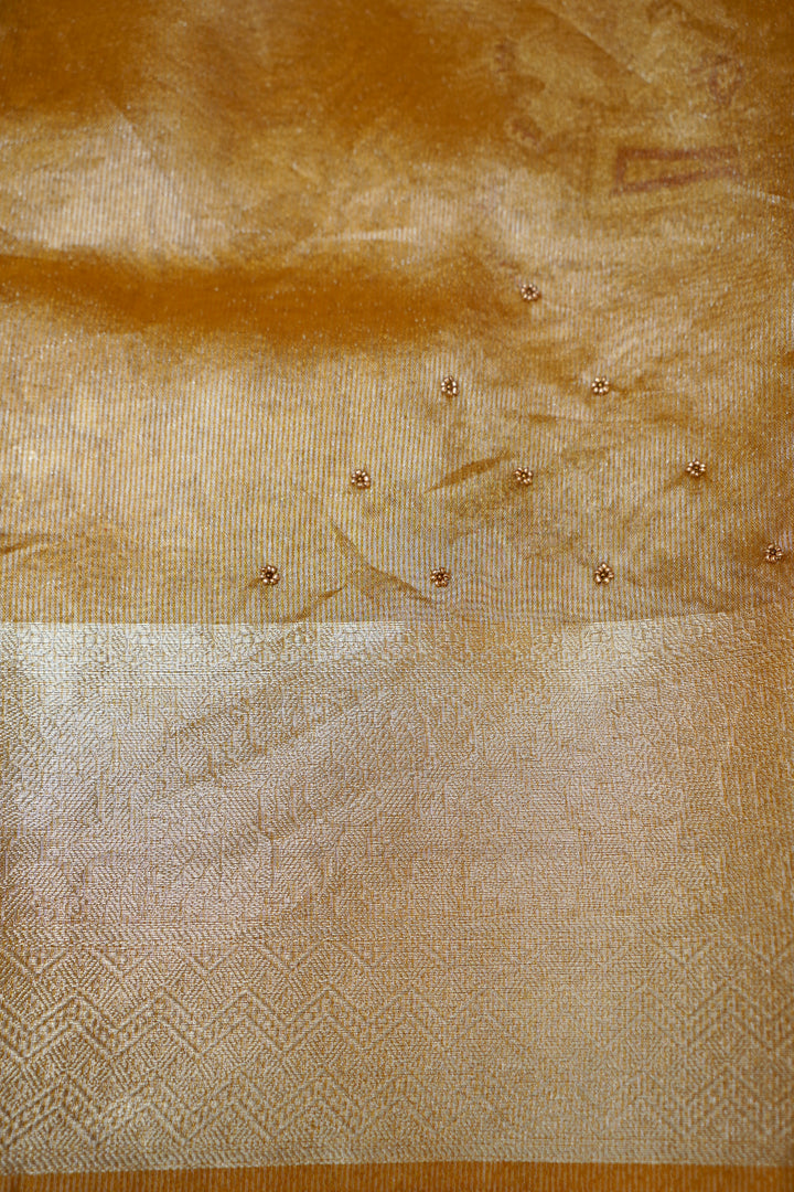 Opulent Golden Maharani Tissue Silk Saree with Gayatri Mantra &amp; Baraat Inspired Pallu