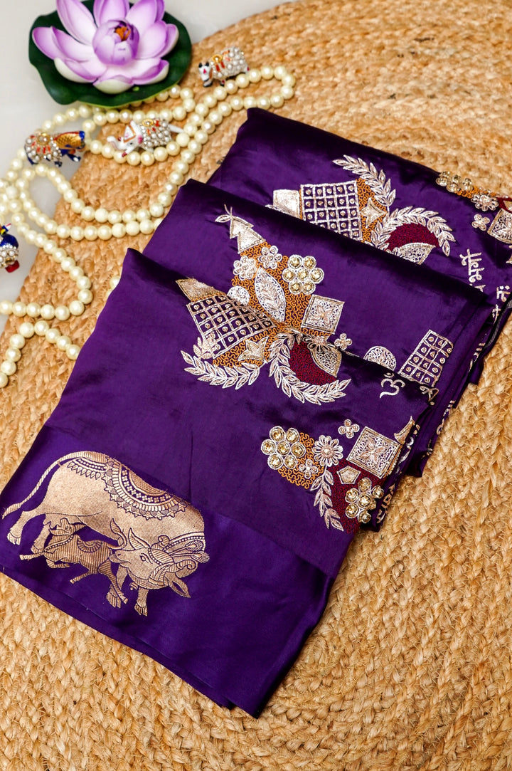 Royal Purple Pure Banarasi Handloom Silk Saree with Gayatri Mantra & Kamdhenu Motif Border