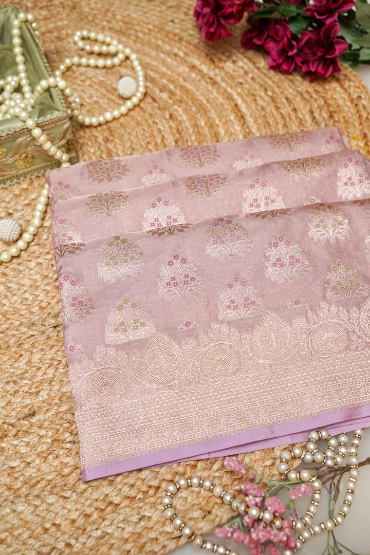Rose Gold Handloom Pure Banarasi Katan Tissue Silk Saree with Meenakari Weaving