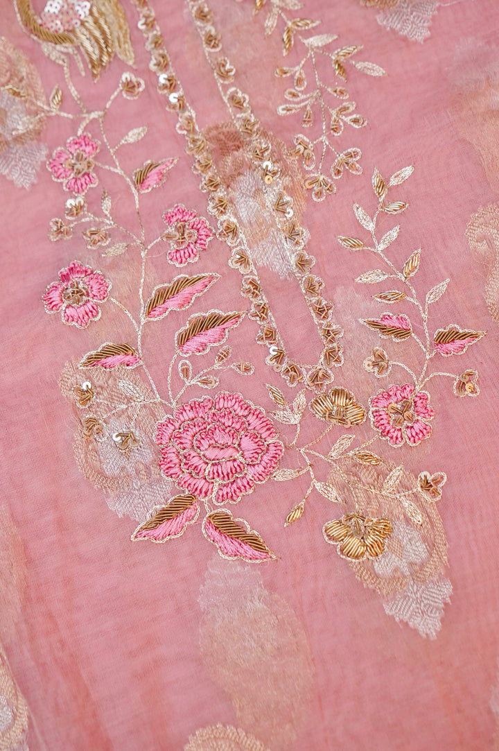 Unstitched Pastel Pink Pure Muslin Silk Suit with Hand Embroidery