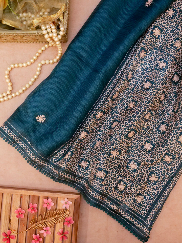 Teal Green Pure Kota Check Saree with Hand Kantha Embroidery View 1