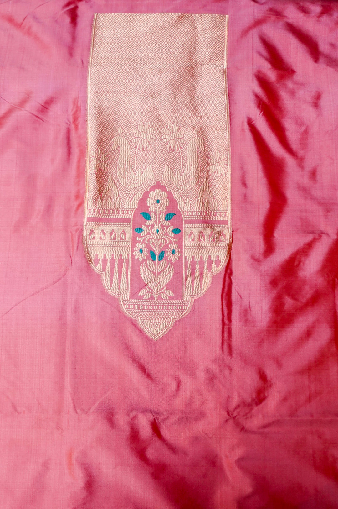 Pure Katan Silk Co-Ord Set Fabric – Royal Floral Heritage Panel | Gold Zari &amp; Meenakari Thread Weave | Pastel Pink