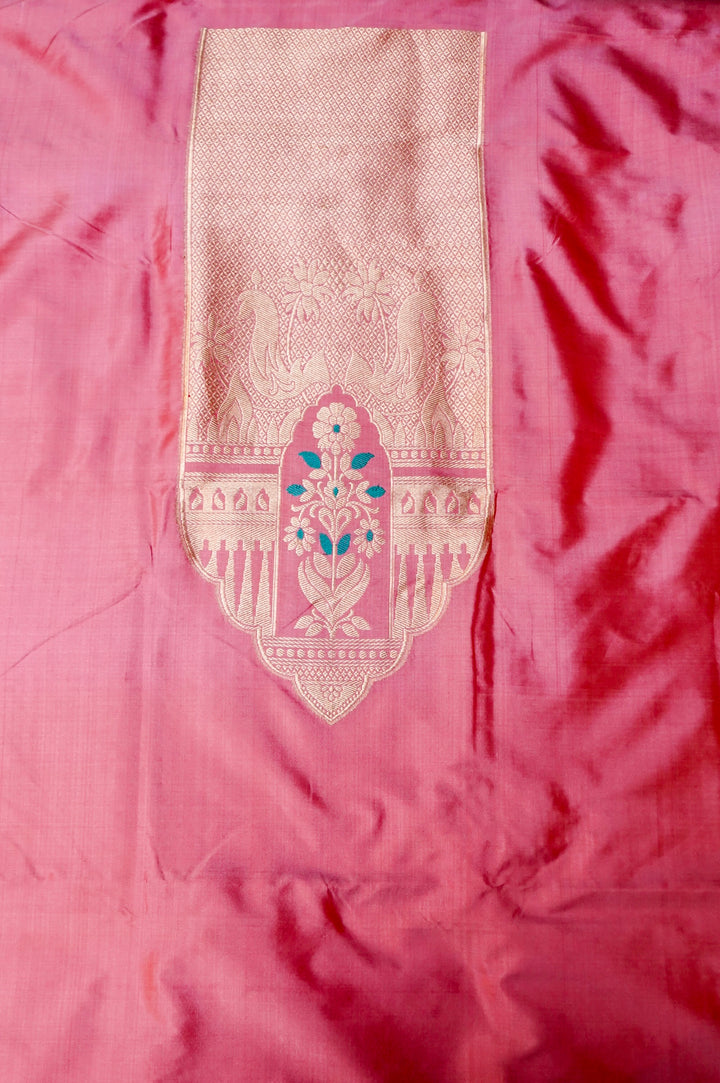 Pure Katan Silk Co-Ord Set Fabric – Royal Floral Heritage Panel | Gold Zari &amp; Meenakari Thread Weave | Pastel Pink