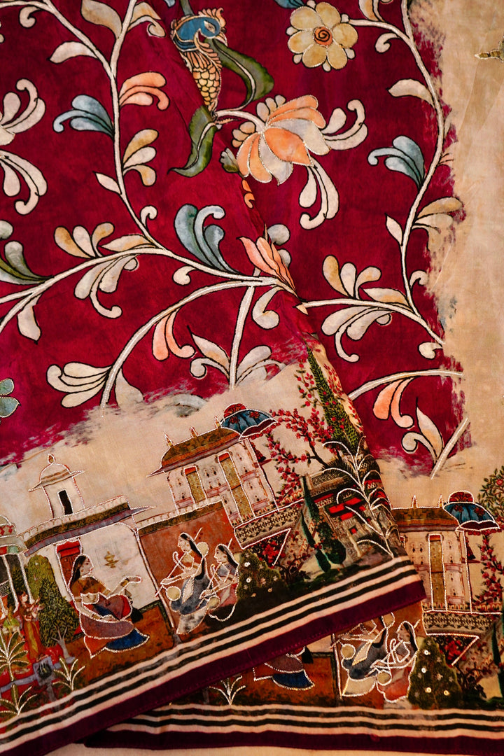 Maroon Crepe Silk Saree with Printed Floral Body