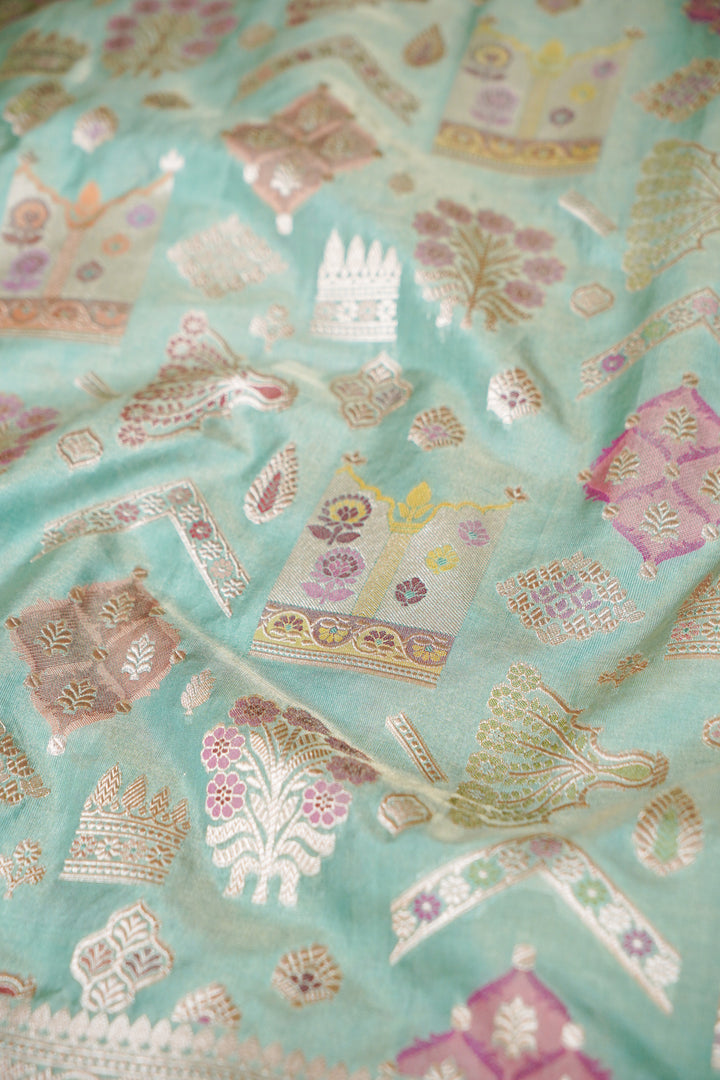 Handwoven Sea Green Pure Tissue Katan Silk Meenakari Jaal Saree