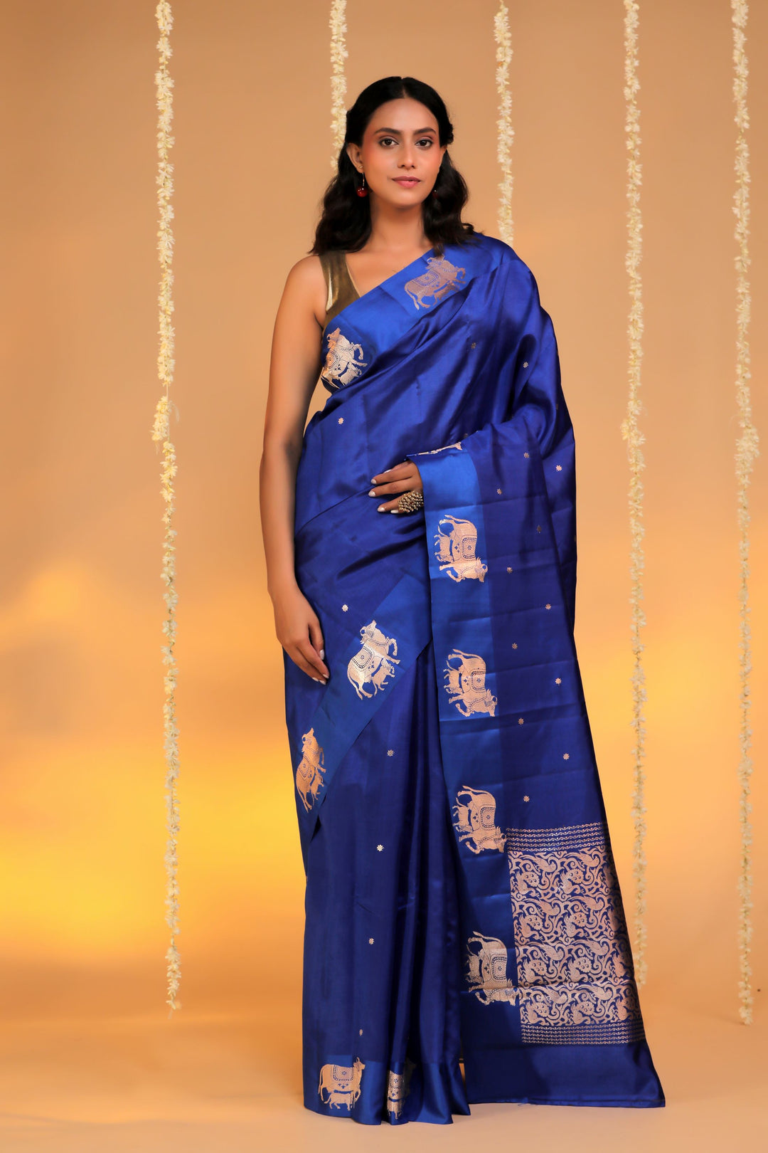 handwoven banarasi pure mashru silk kamdhenu motif satin border saree royal blue front view 1