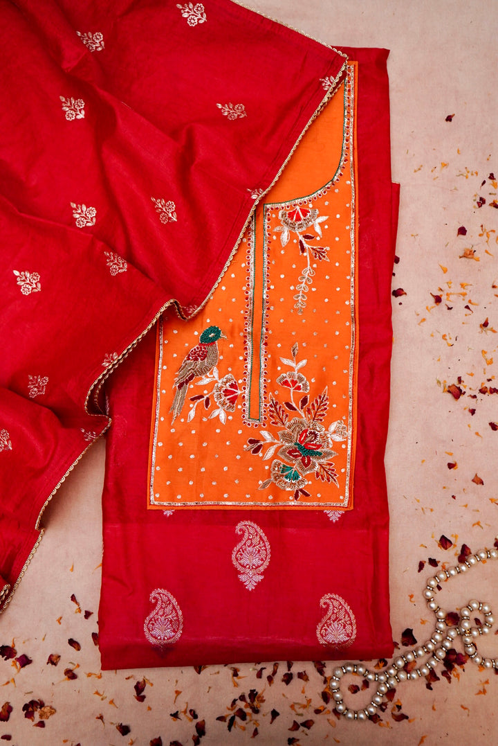 Red Pure Mul Silk Unstitched Suit with Zardozi and Pitta Zari Work