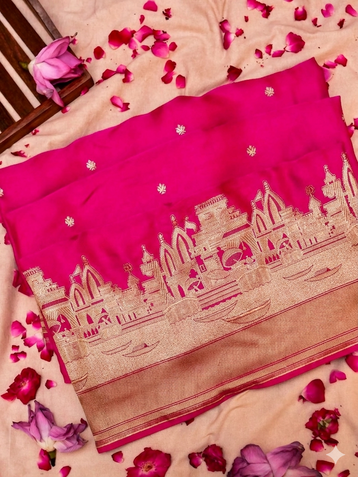 Hot Pink Banarasi Mashru Silk Saree with Ghat Designing Border