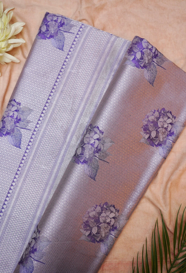 Violet Pure Katan Silk Banarasi Saree – Handcrafted Tanchoi Weave with Beautiful Figure Patterns