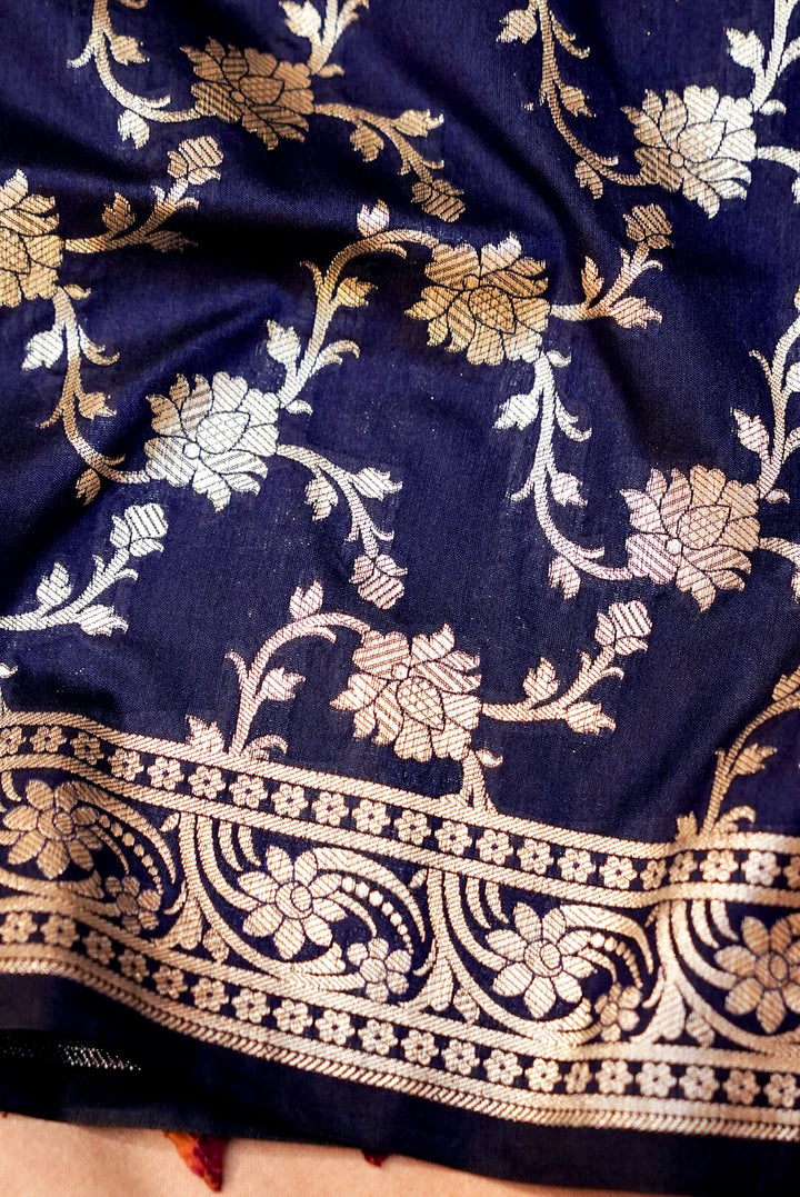 Navy Blue Traditional Banarasi Silk Bootidar Suit with Jaal Dupatta