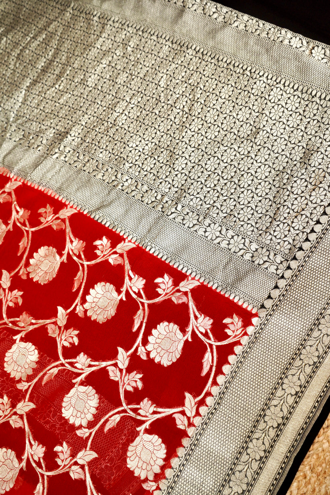 Handloom Red Pure Banarasi Khaddi Georgette Saree with Contrast Border &amp; Pallu