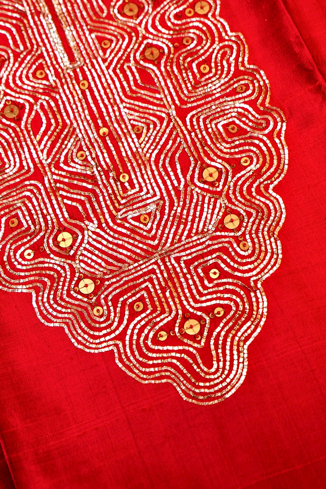 Red Bridal Handloom Raw Silk Suit with Pitta Zari Neckline and Organza Dupatta
