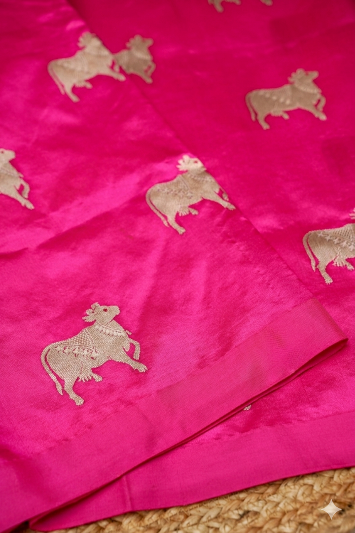 Hot Pink Handwoven Banarasi Pure Puna Silk Saree with Zari Nandi Motif