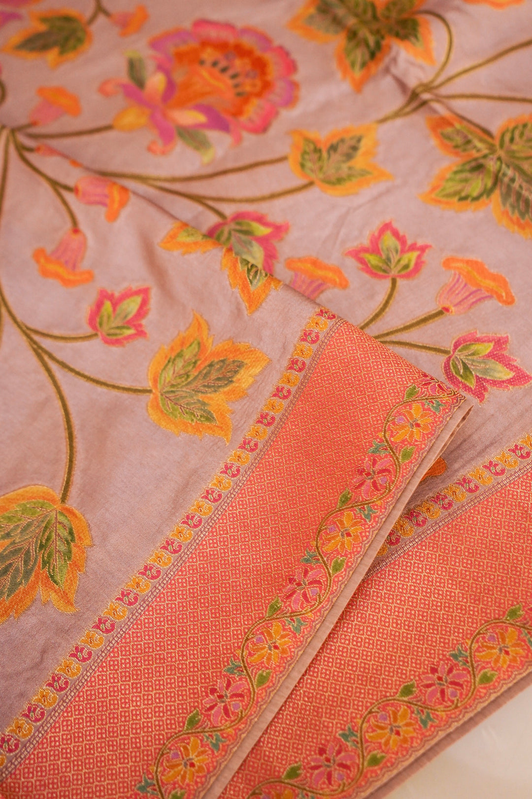 Mauve Crepe Silk Saree with Meenakari Floral Border &amp; Contrast Pallu
