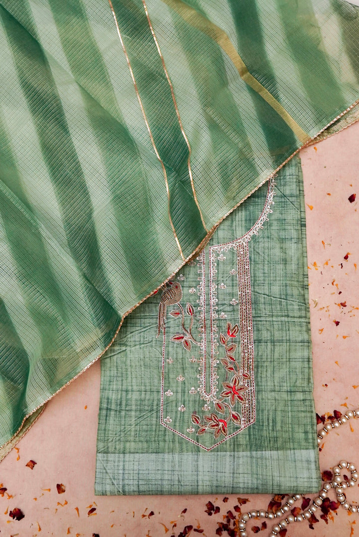 Sage Green Pure Banarasi Chanderi Silk Suit with Zardozi Embroidery and Leheriya Kota Dupatta