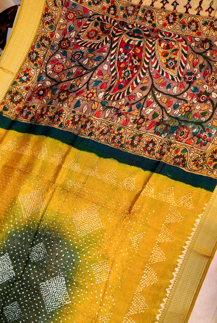 Radiant Mustard Kalamkari and Bandhej Printed Silk Saree
