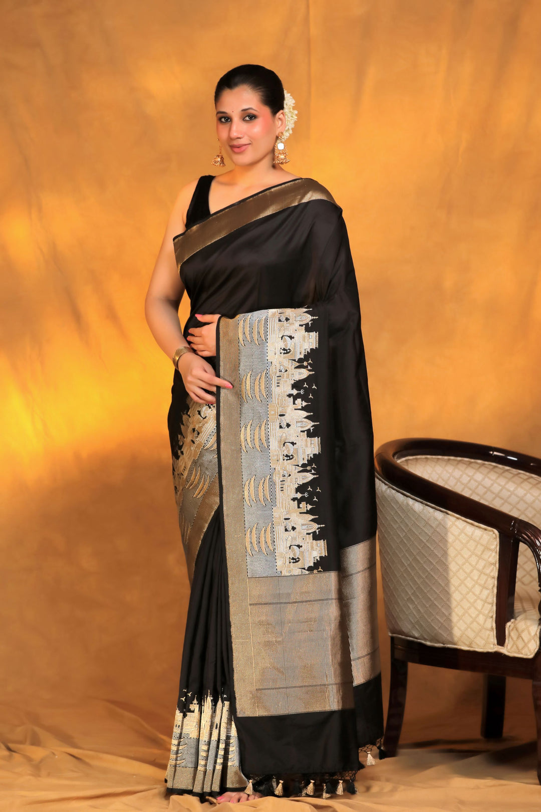Banarasi Handloom Black Pure Katan Silk Ghat Wali Saree Front View