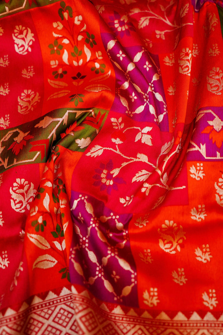 Handwoven Red Rangkat Banarasi Pure Katan Silk Saree with Zari & Thread meenakari floral Motifs