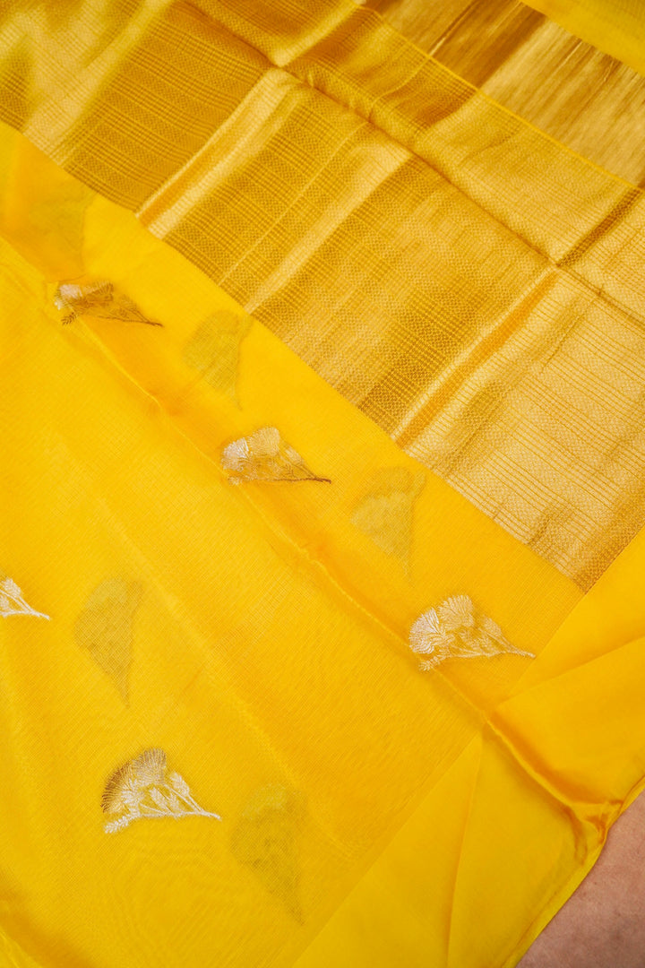 Sunlit Yellow Kota Check Saree Sona Rupa Zari Floral Motifs on Classic Checks