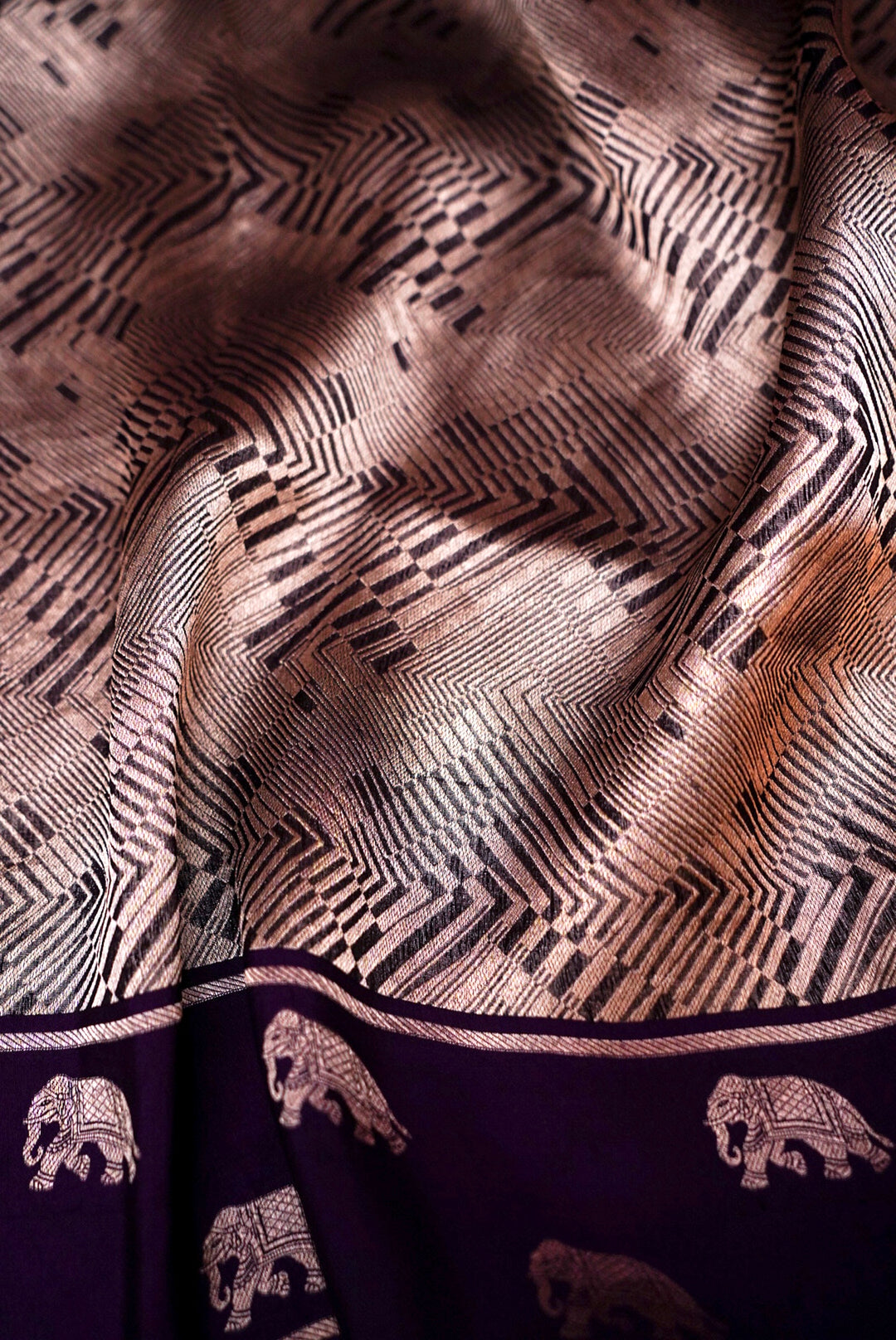 Banarasi Chevron Weave Purple Pure Organza Elephant Motif Saree